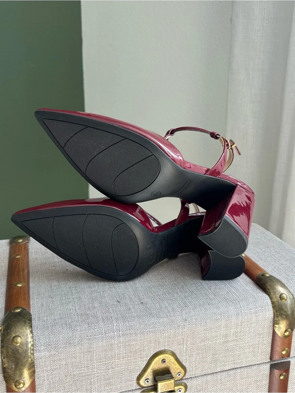 Nine West Burgundy Patent Leather T-Strap Pointed Heels